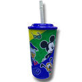 Vaso lenticular PartyStore con personajes de Disney, tapa azul y popote transparente para fiestas infantiles
