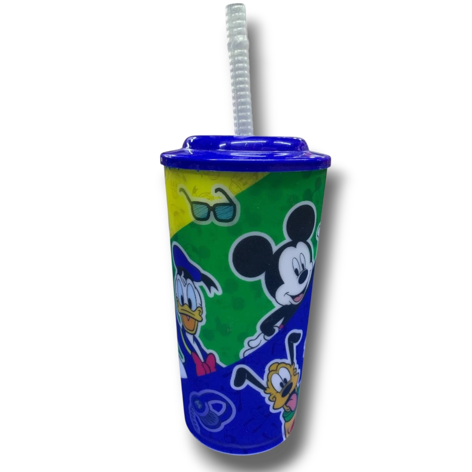 Vaso lenticular PartyStore con personajes de Disney, tapa azul y popote transparente para fiestas infantiles