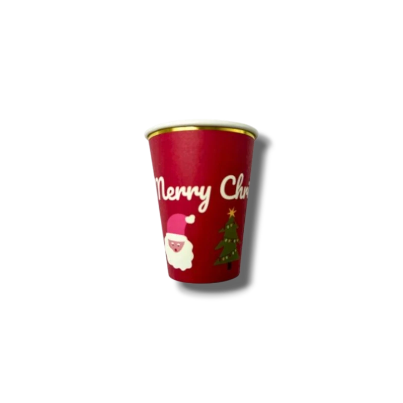 Vaso de papel PartyStore de 12oz color rojo con diseño navideño de Santa Claus y árbol de Navidad