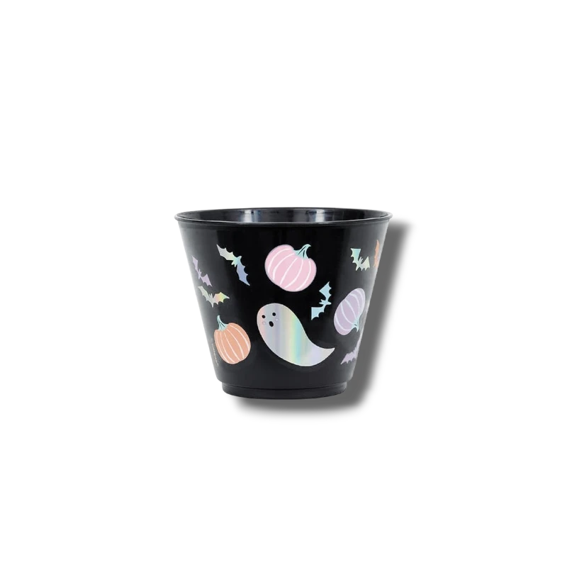 Vaso rígido PartyStore de 9oz en color negro con diseño de fantasmas y calabazas en tonos pastel para Halloween.