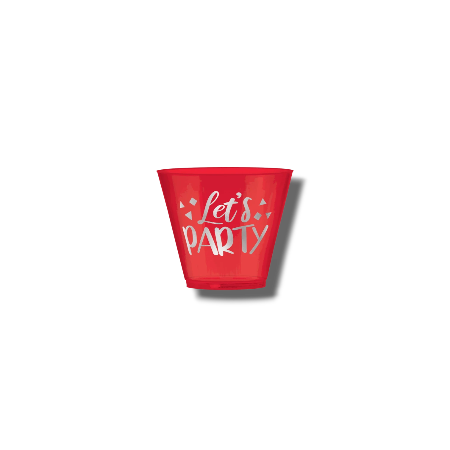 Vaso PartyStore de 9oz en color rojo traslúcido con la frase Let's Party impresa en letras plateadas