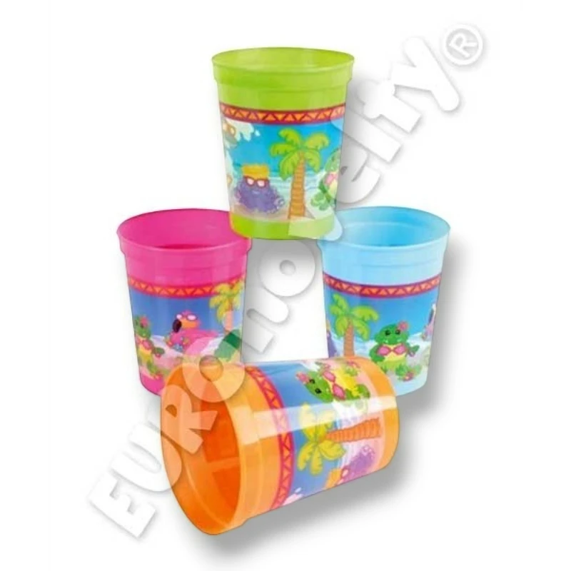 Vasos neon PartyStore con diseño hawaiano, palmeras y animales tropicales en colores vibrantes para fiestas