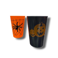 Vasos de plástico PartyStore para Halloween con diseños de araña en naranja y calabazas en negro