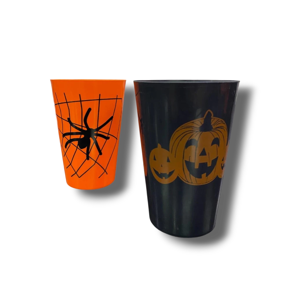 Vasos de plástico PartyStore para Halloween con diseños de araña en naranja y calabazas en negro