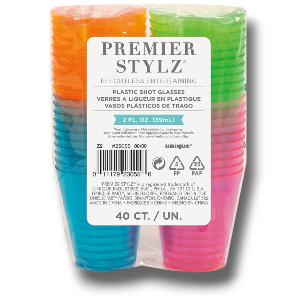Paquete de 40 vasos de shot PartyStore en colores neón translúcidos de plástico para fiestas