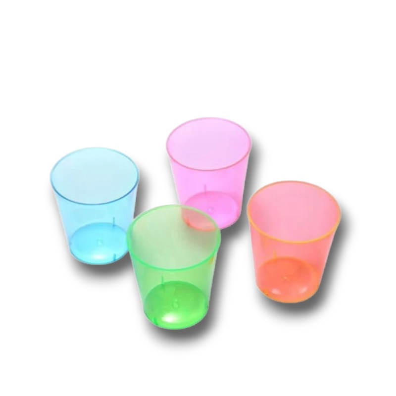 Set de 12 vasos de shot PartyStore en colores neón translúcidos, ideales para fiestas y eventos.