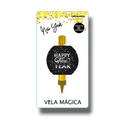 Vela mágica PartyStore para Año Nuevo de color dorado con etiqueta negra y texto festivo Happy New Year