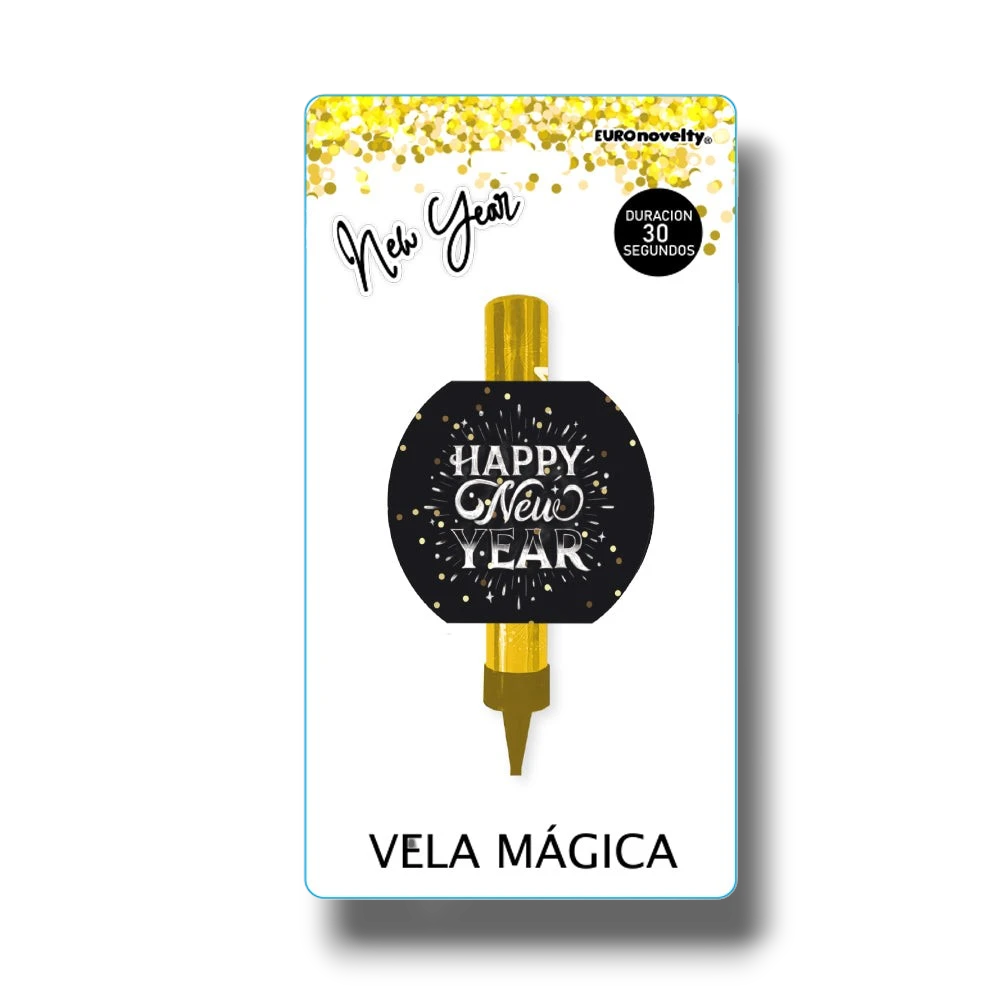 Vela mágica PartyStore para Año Nuevo de color dorado con etiqueta negra y texto festivo Happy New Year