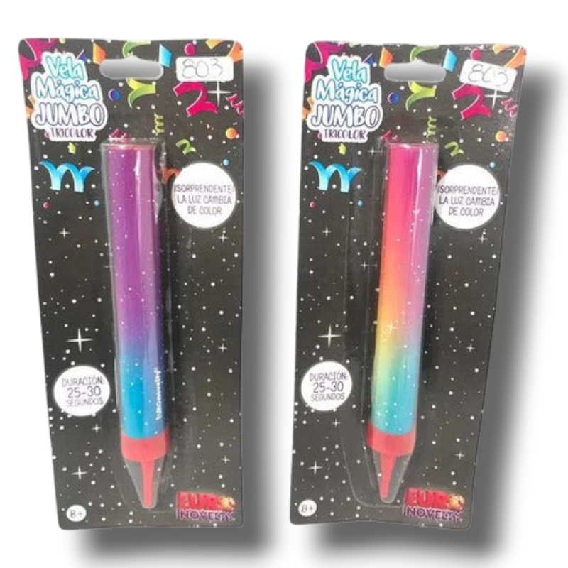 Vela Magica Jumbo Tricolor de PartyStore con diseño degradado y efecto de cambio de luz para celebraciones
