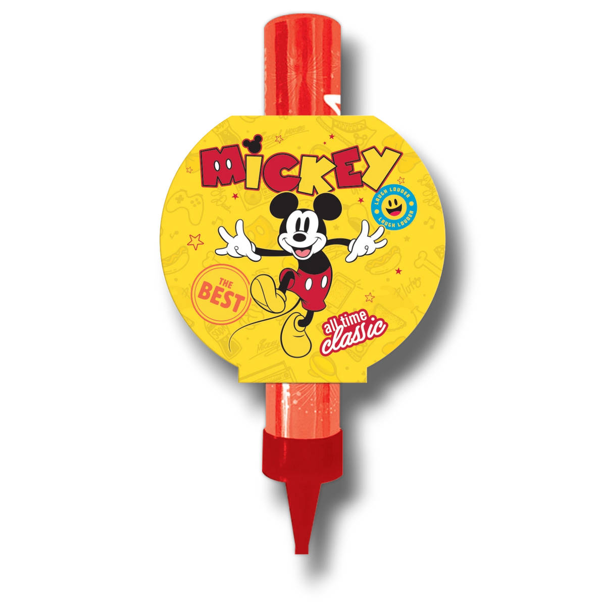 Vela mágica PartyStore de Mickey Mouse con diseño circular amarillo y cuerpo rojo para decoración de pasteles