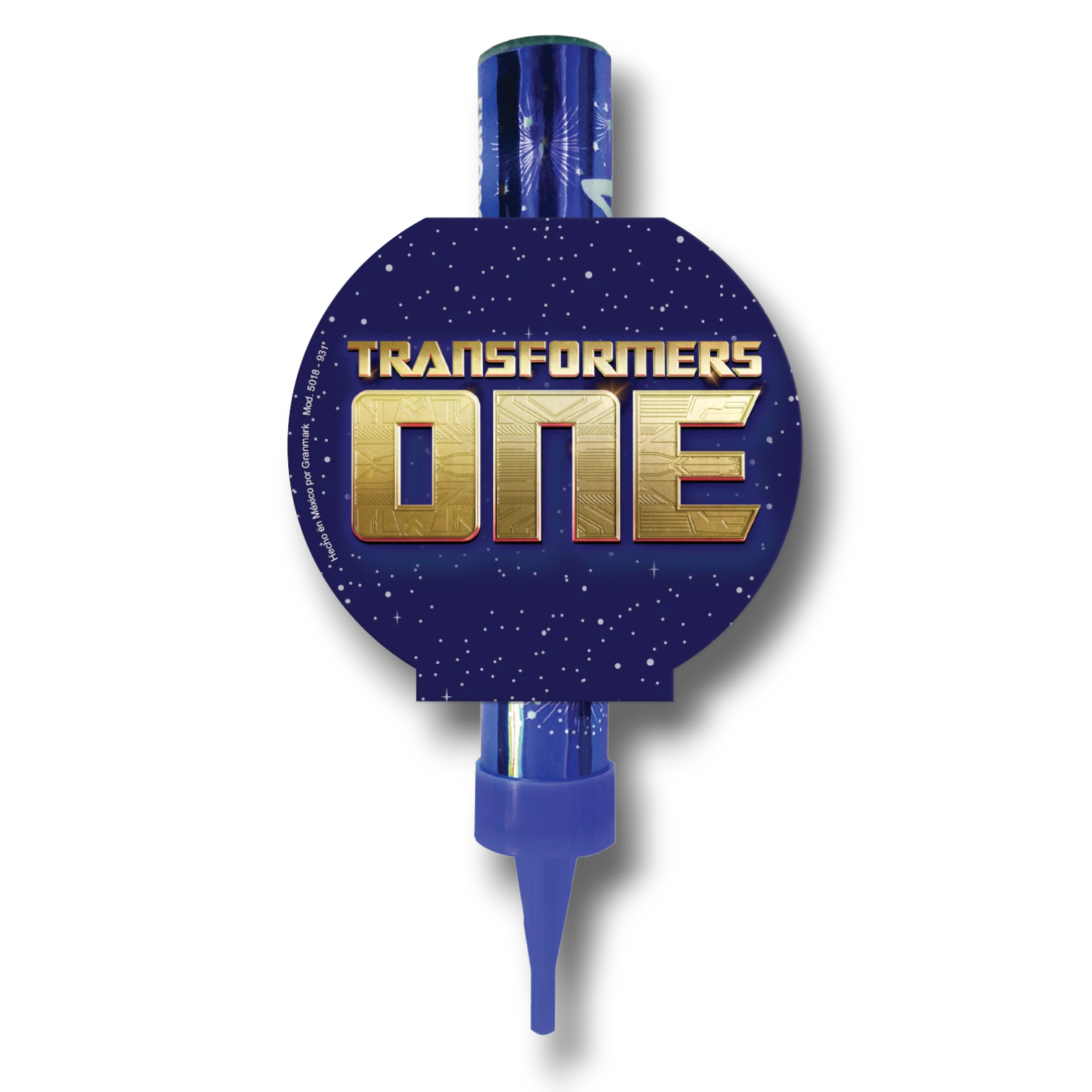 Vela mágica PartyStore de Transformers One con diseño circular azul y logo dorado para pastel de cumpleaños