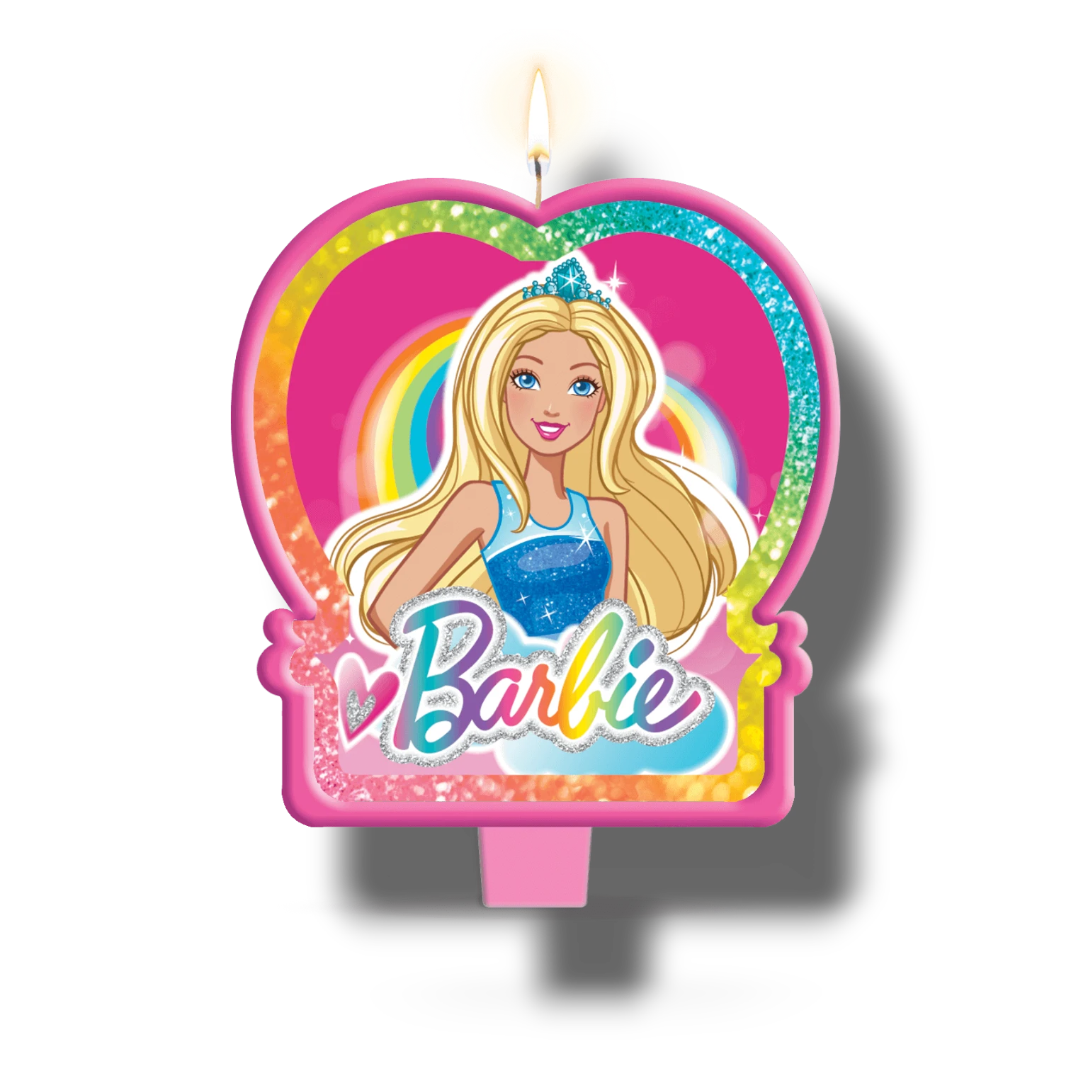 Vela de cumpleaños PartyStore con diseño de medallón de Barbie, color rosa brillante con arcoíris y purpurina