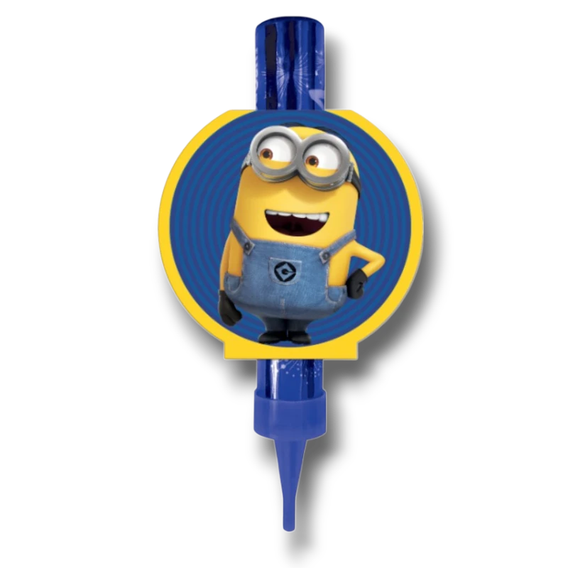 Vela de cumpleaños PartyStore con diseño circular de un Minion de Mi Villano Favorito sobre fondo azul y amarillo