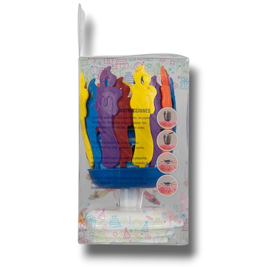Vela musical giratoria PartyStore multicolor para pastel con diseño de flor que se abre al encender