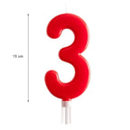 Vela de cumpleaños PartyStore número 3 jumbo de color rojo brillante con soporte blanco de 15 cm de altura