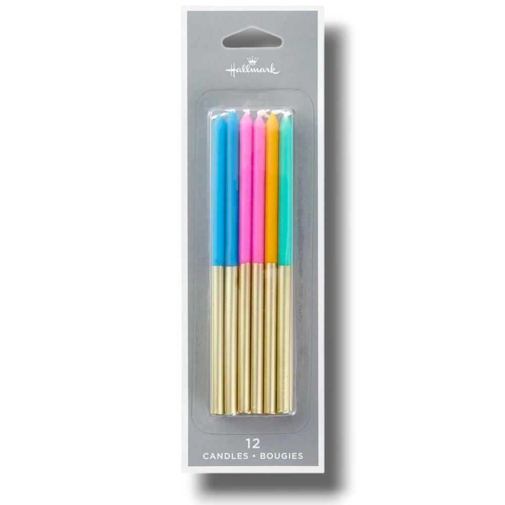 Paquete de 12 velas PartyStore con puntas de colores vibrantes y base dorada metálica para pasteles de cumpleaños