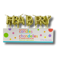 Velas de cumpleaños PartyStore doradas con letras que forman HAPPY BIRTHDAY en su empaque original