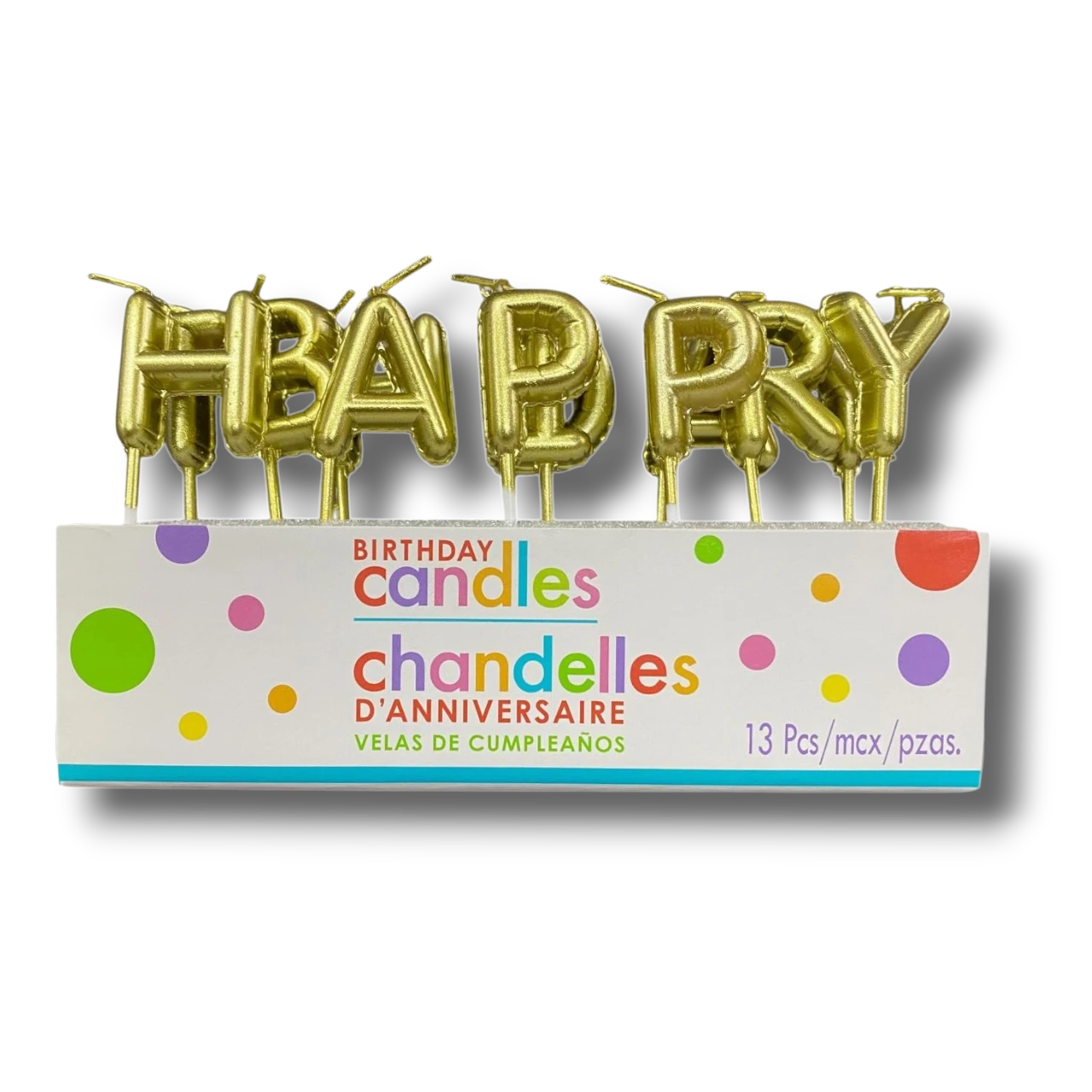 Velas de cumpleaños PartyStore doradas con letras que forman HAPPY BIRTHDAY en su empaque original