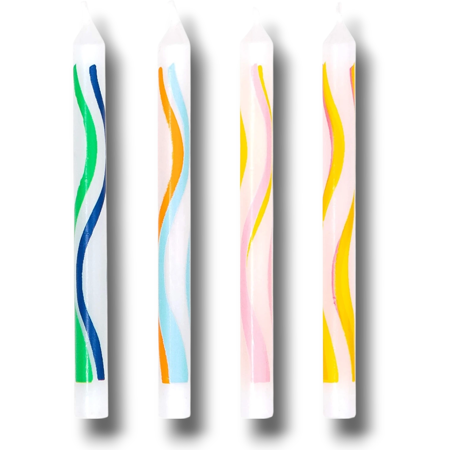 Velas de cumpleaños PartyStore con diseño de ondas multicolores sobre fondo blanco, set de 20 unidades.
