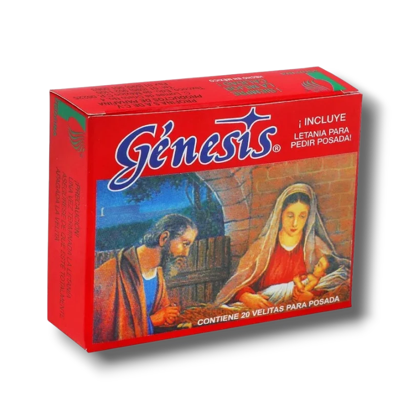 Caja de 20 velas para posada PartyStore con ilustración clásica del nacimiento de Jesús en tonos rojos