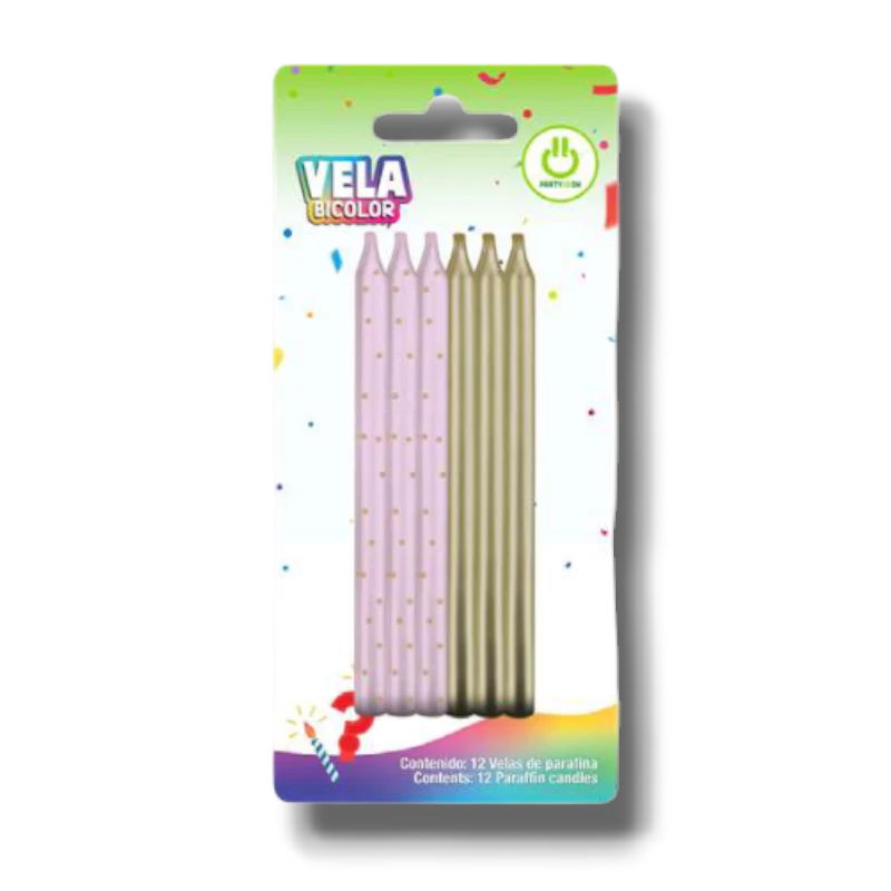 Paquete de 12 velas PartyStore en tonos rosa y dorado con diseño de puntos para decoración de pasteles de cumpleaños