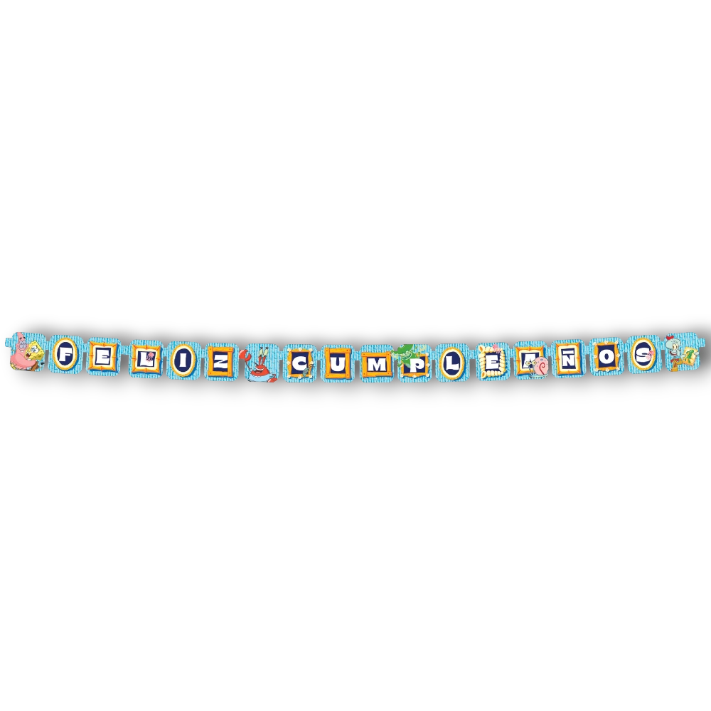 PartyStoreHere banderín móvil de Bob Esponja con personajes y letras doradas, ideal para fiestas de cumpleaños.