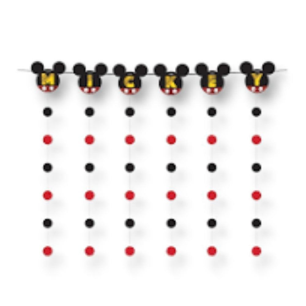 Guirnalda de fiesta PartyStoreHere con diseño de Mickey Mouse, letras amarillas y detalles rojos y negros.