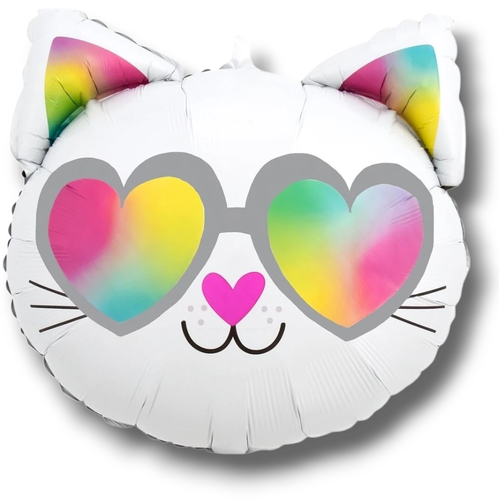 Globo de gato blanco de 18" con gafas de sol en forma de corazón y orejas de arcoíris, ideal para fiestas.