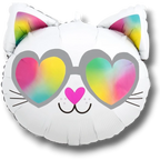 Globo de gato blanco de 18" con gafas de sol en forma de corazón y orejas de arcoíris, ideal para fiestas.